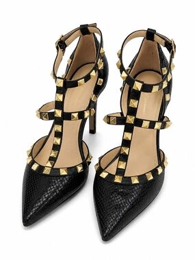 BCBG Black Studded T-Strap Pointed-Toe Heels - Black and Gold, Size 9.5